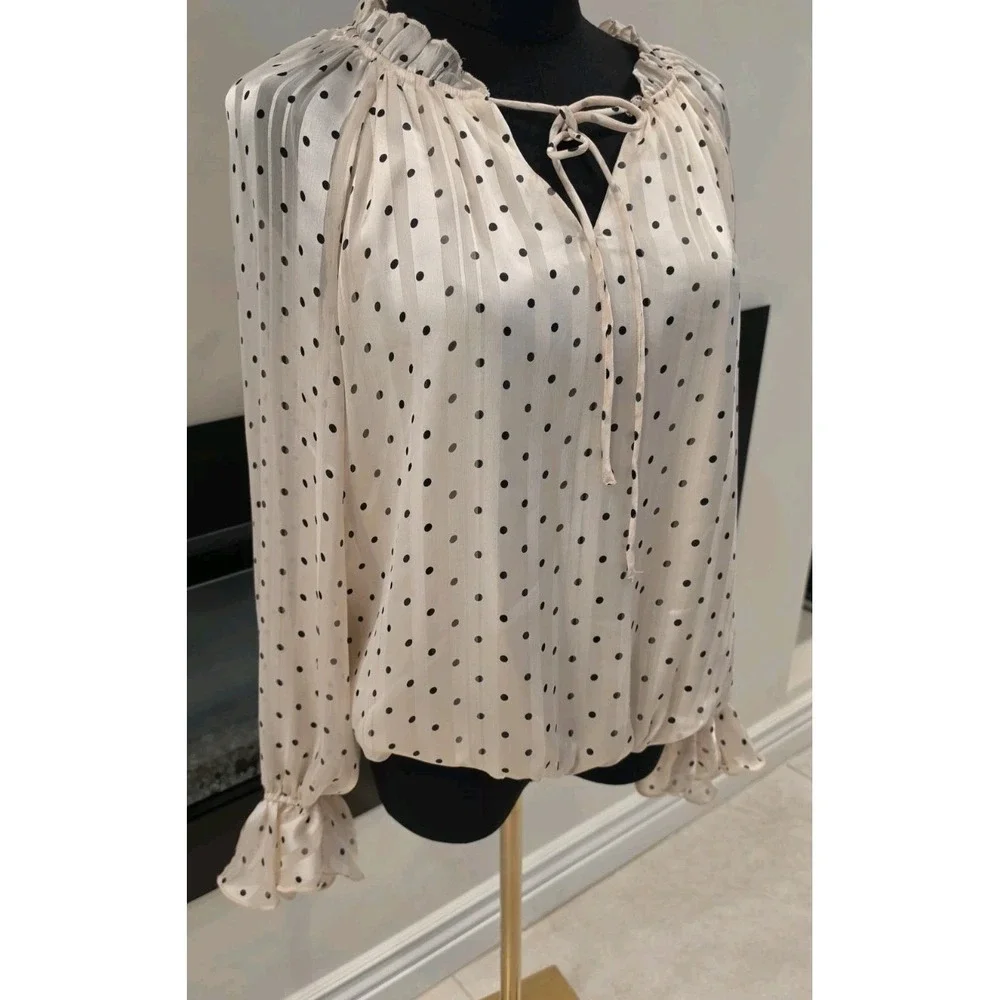 Adrianna Papell Cream Polka Dot Keyhole Ruffle Top Romantic Classic Boho RTL $89
